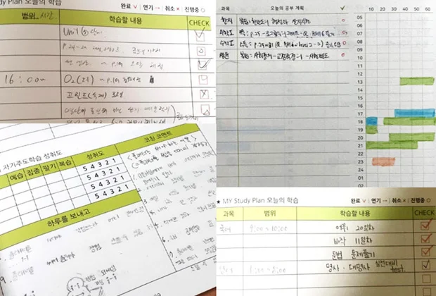 과목별 학습 계획과 수행 내용을 기록한 플래너 예시